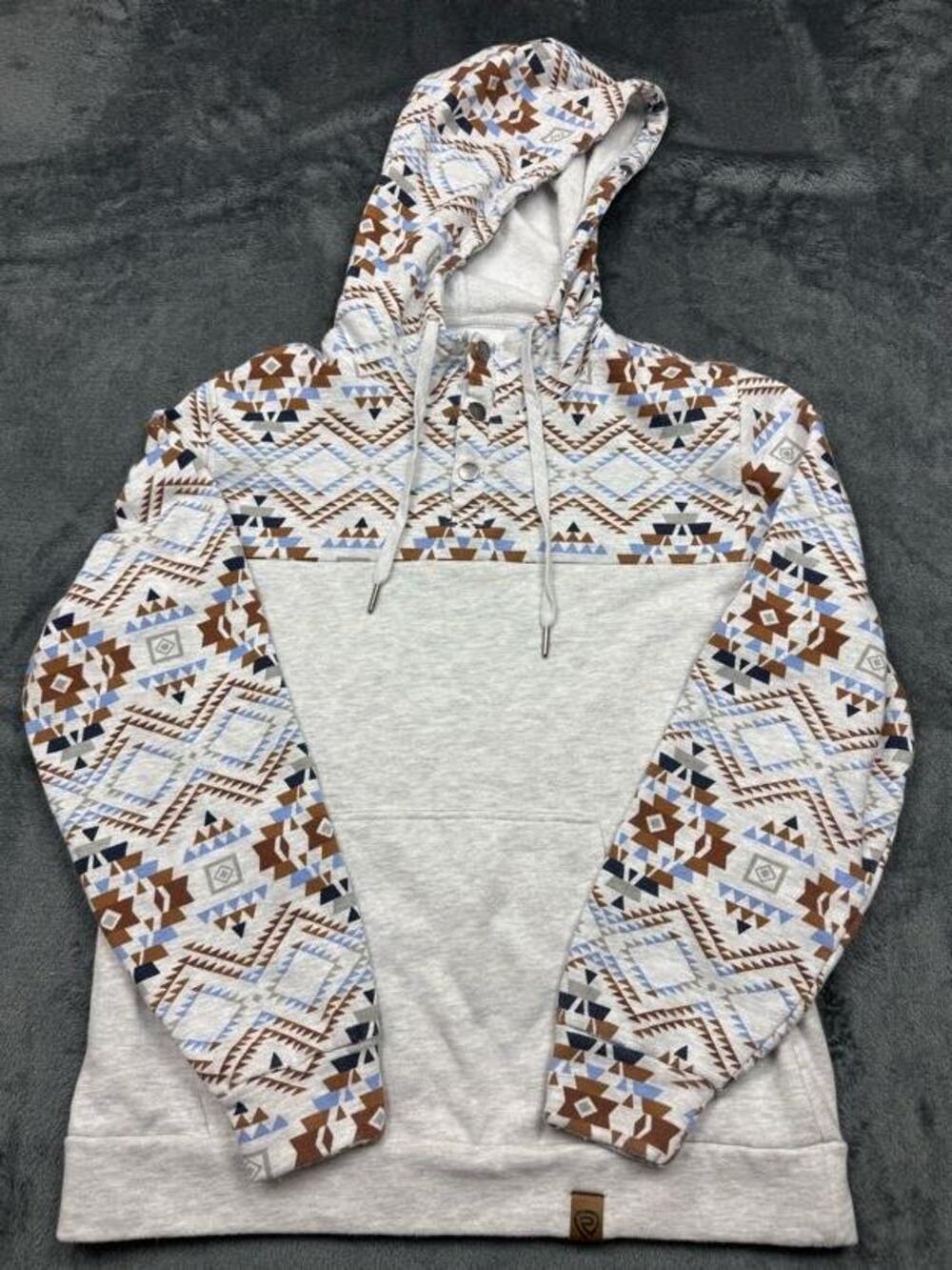 Rock & Roll Denim Hoodie Mens M Gray Fleece Henley Aztec Print Kangaroo Pocket